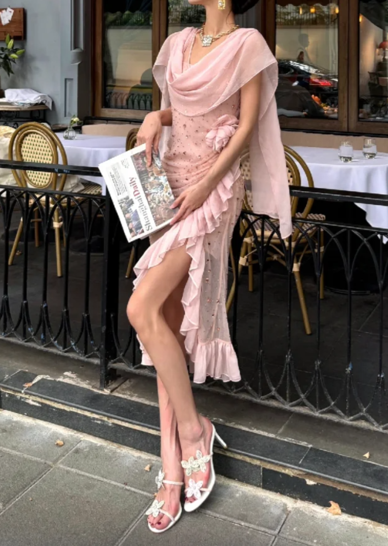 Sweet Ruched Collar Pink Homecoming Dress Sequins Ruffles Sheath Birthday Dress GG7078