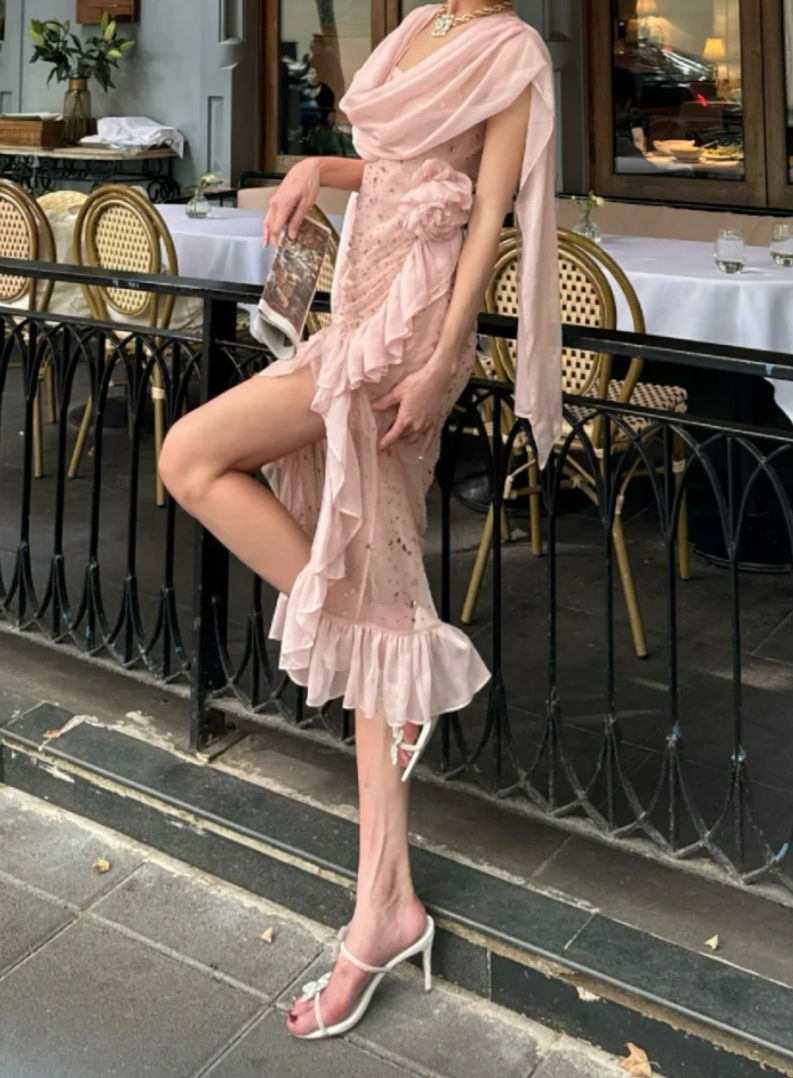 Sweet Ruched Collar Pink Homecoming Dress Sequins Ruffles Sheath Birthday Dress GG7078