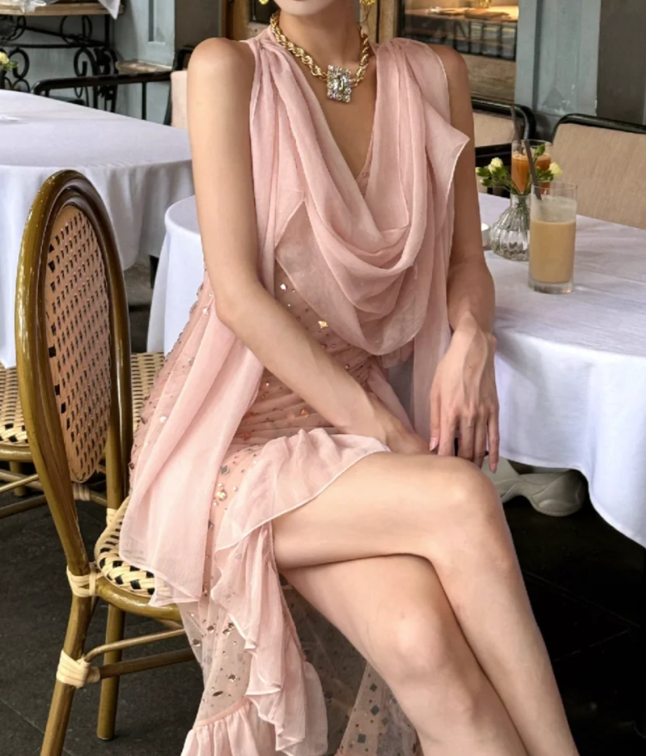Sweet Ruched Collar Pink Homecoming Dress Sequins Ruffles Sheath Birthday Dress GG7078