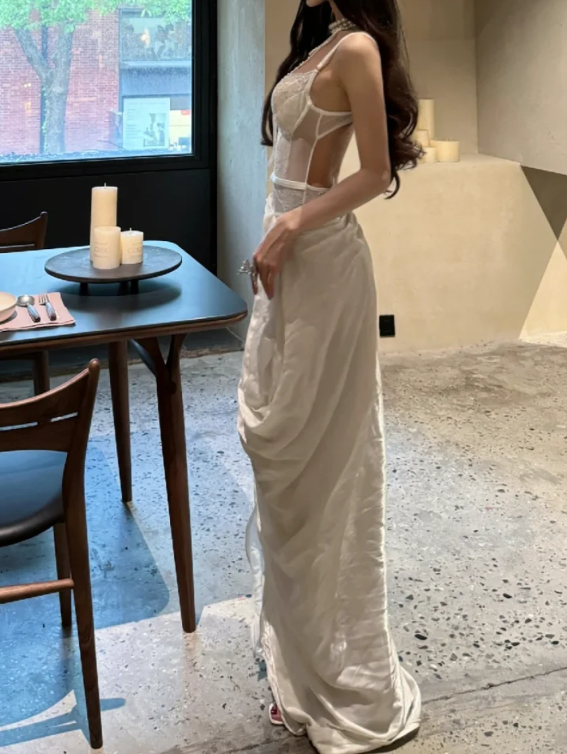 Classical Spaghetti Straps Prom Dress White Lace Satin Mermaid Formal Dress GG7080