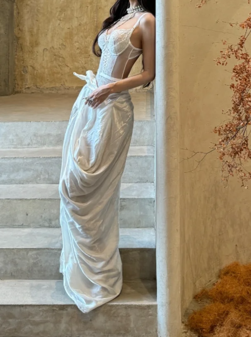 Classical Spaghetti Straps Prom Dress White Lace Satin Mermaid Formal Dress GG7080