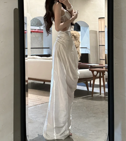 Classical Spaghetti Straps Prom Dress White Lace Satin Mermaid Formal Dress GG7080
