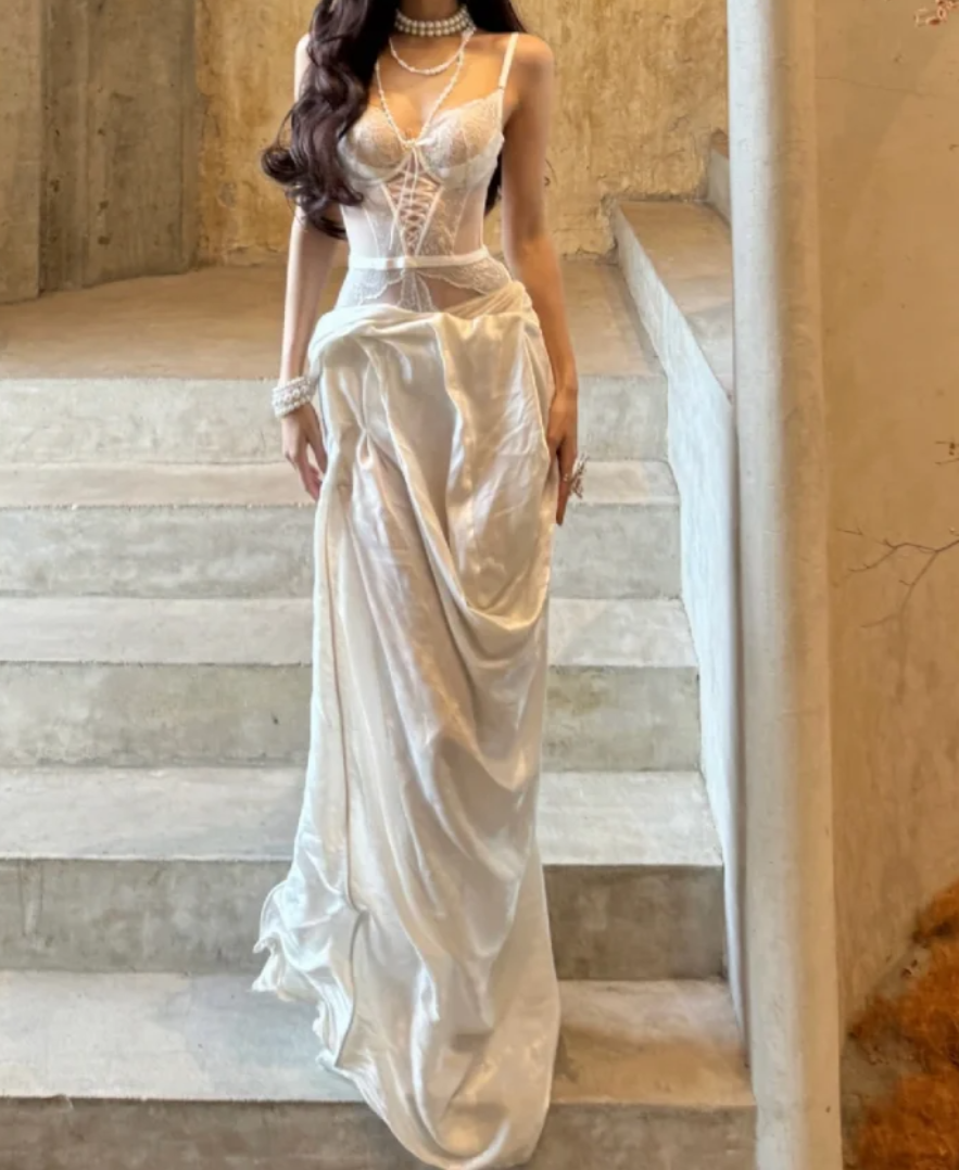 Classical Spaghetti Straps Prom Dress White Lace Satin Mermaid Formal Dress GG7080