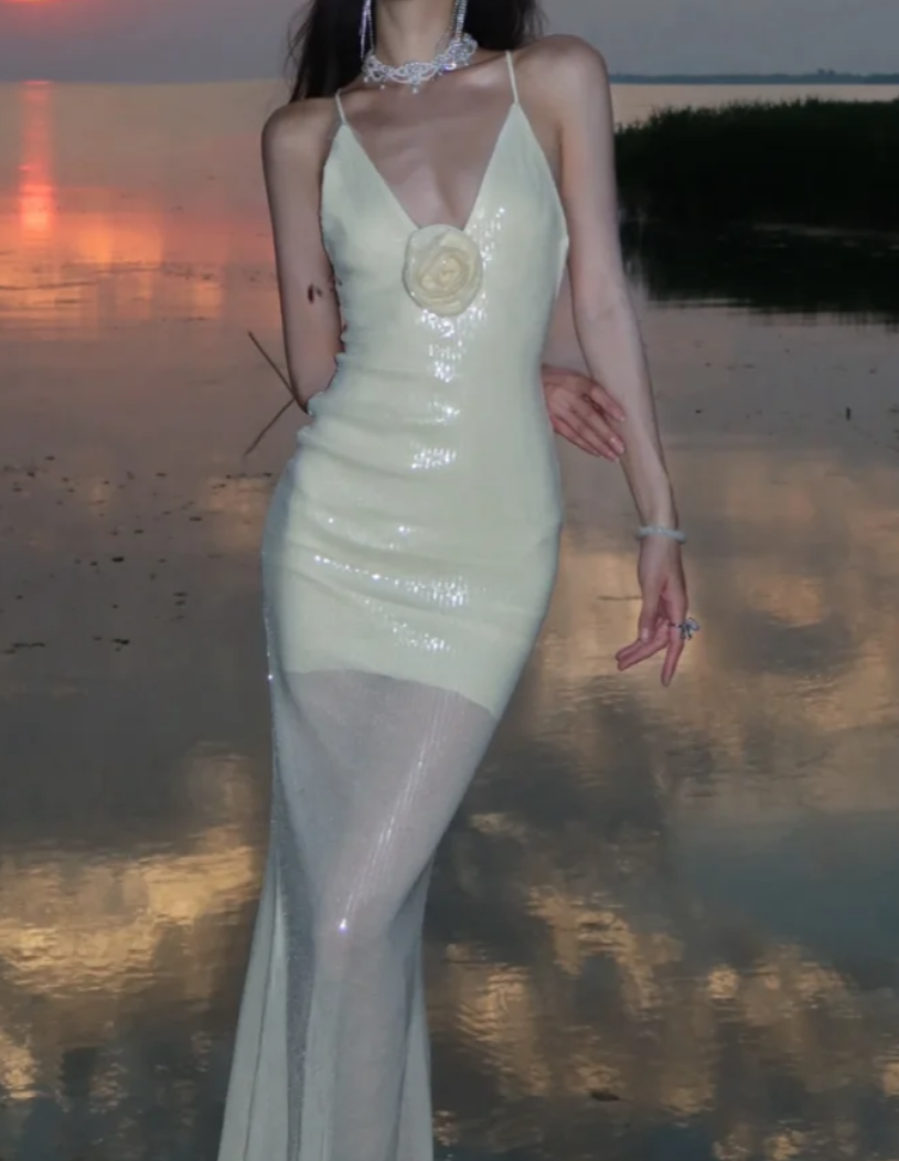 Glittering Spaghetti Straps Floral Prom Dress White Sequins Mermaid Formal Dress GG7081