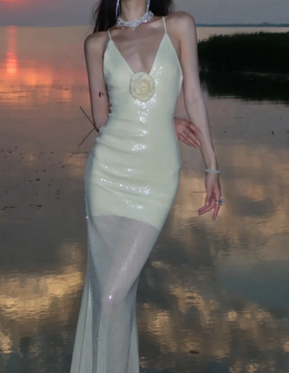 Glittering Spaghetti Straps Floral Prom Dress White Sequins Mermaid Formal Dress GG7081