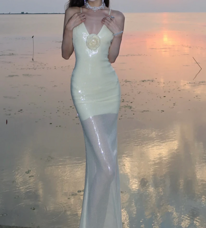 Glittering Spaghetti Straps Floral Prom Dress White Sequins Mermaid Formal Dress GG7081