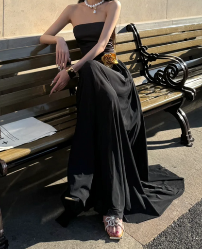 Vintage Strapless Black Prom Dress 3D Floral A-Line Formal Dress GG7083