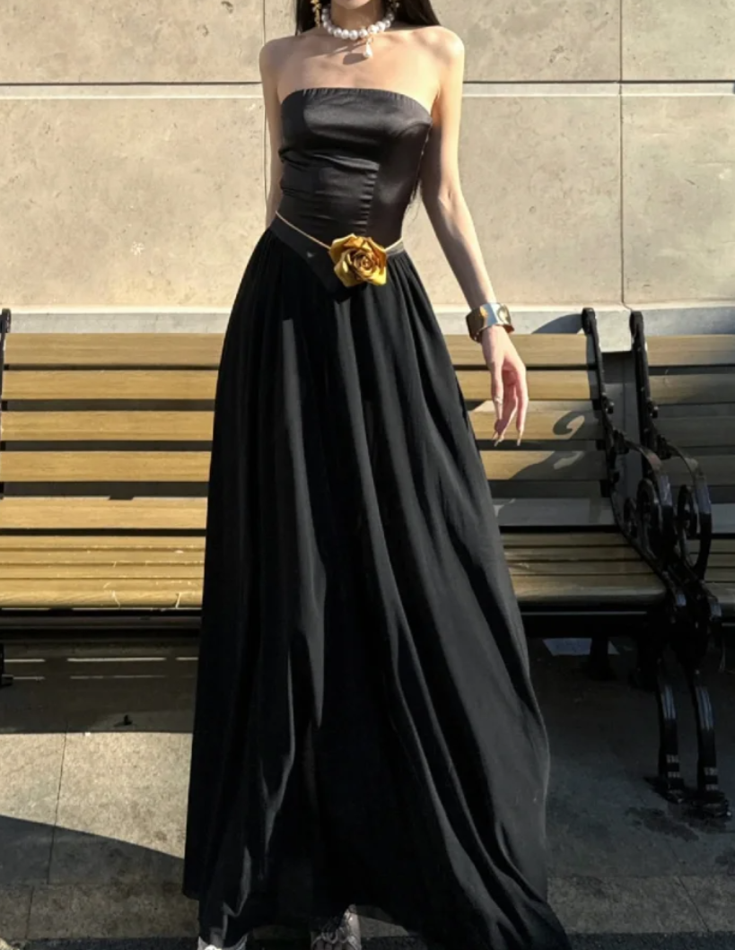 Vintage Strapless Black Prom Dress 3D Floral A-Line Formal Dress GG7083