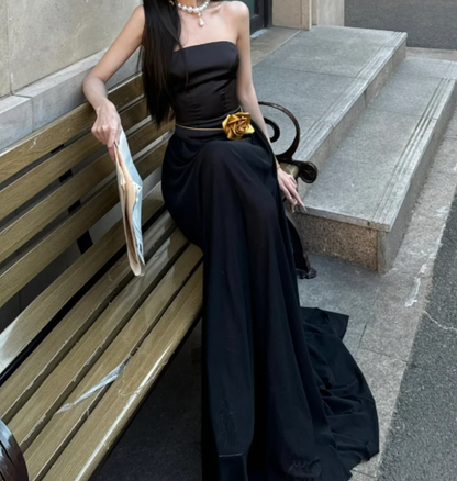 Vintage Strapless Black Prom Dress 3D Floral A-Line Formal Dress GG7083