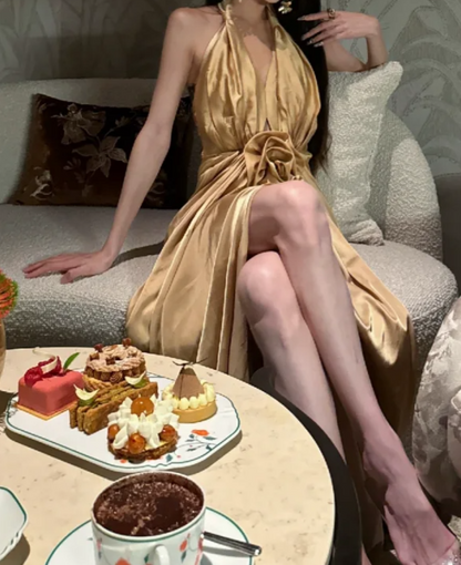 Classical Halter Neck Gold Prom Dress Handmade Flower Slit A-Line Formal Dress GG7084
