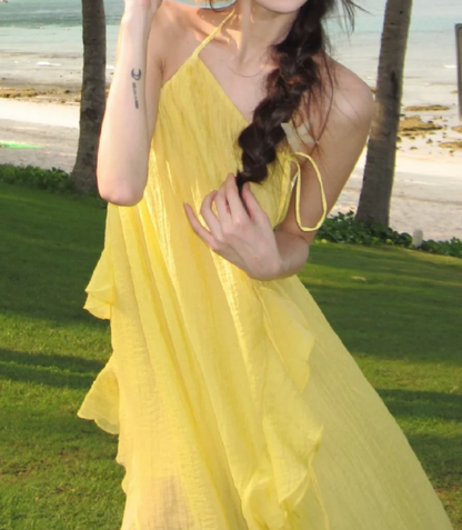 Flowy Halter Neck Yellow Prom Dress Ruffles Slit A-Line Formal Dress GG7085