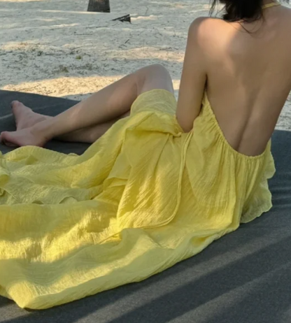 Flowy Halter Neck Yellow Prom Dress Ruffles Slit A-Line Formal Dress GG7085