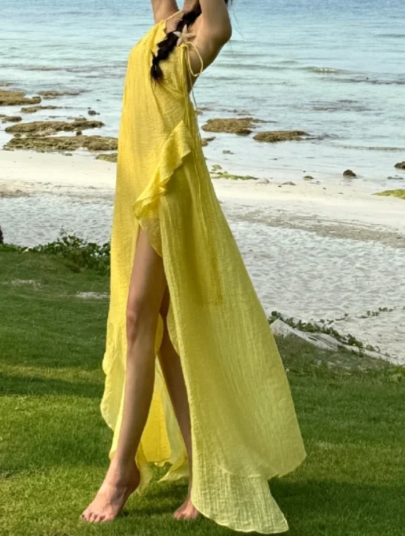Flowy Halter Neck Yellow Prom Dress Ruffles Slit A-Line Formal Dress GG7085
