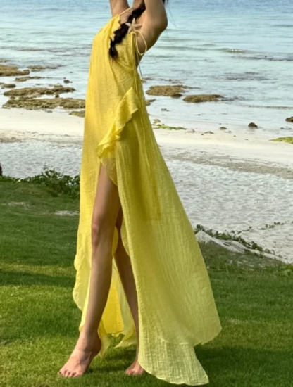 Flowy Halter Neck Yellow Prom Dress Ruffles Slit A-Line Formal Dress GG7085