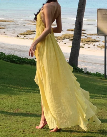 Flowy Halter Neck Yellow Prom Dress Ruffles Slit A-Line Formal Dress GG7085