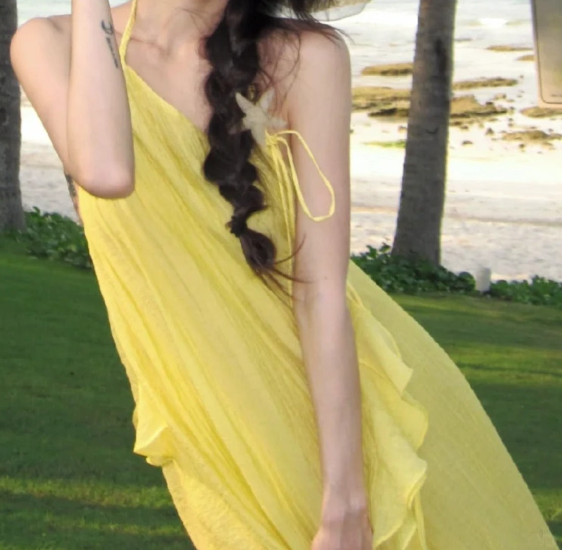 Flowy Halter Neck Yellow Prom Dress Ruffles Slit A-Line Formal Dress GG7085