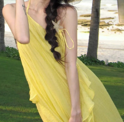Flowy Halter Neck Yellow Prom Dress Ruffles Slit A-Line Formal Dress GG7085