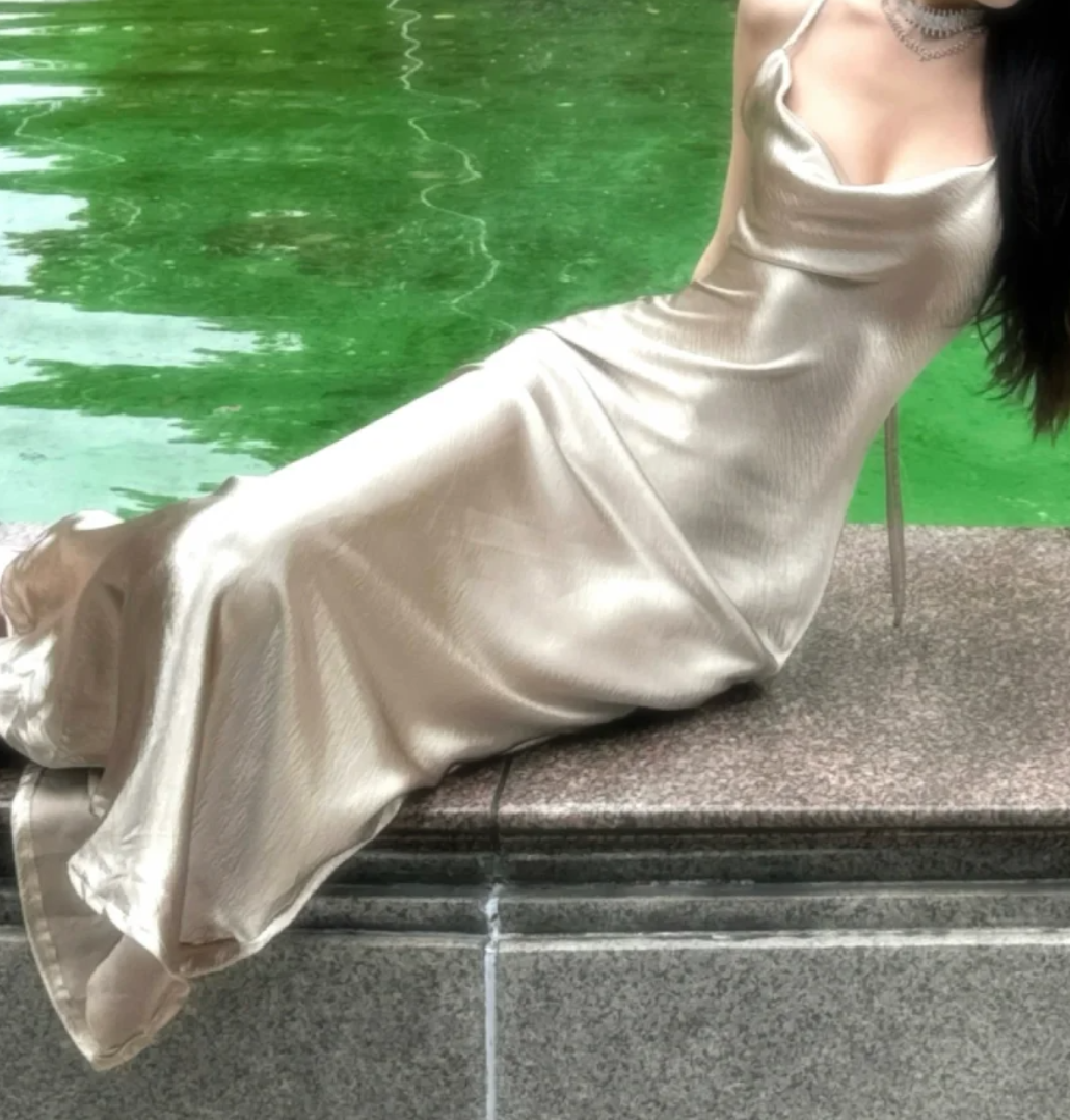 Vintage Spaghetti Straps Prom Dress Champagne Satin Mermaid Formal Dress GG7086
