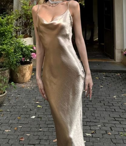 Vintage Spaghetti Straps Prom Dress Champagne Satin Mermaid Formal Dress GG7086