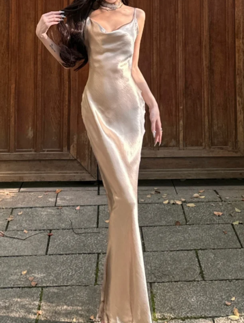 Vintage Spaghetti Straps Prom Dress Champagne Satin Mermaid Formal Dress GG7086