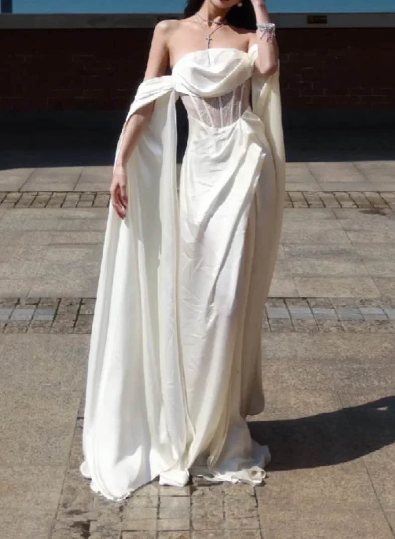 Romantic Off-Shoulder Prom Dress White Lace Satin Mermaid Formal Dress GG7087