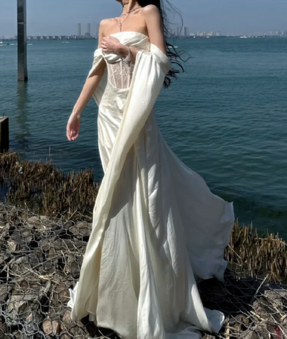 Romantic Off-Shoulder Prom Dress White Lace Satin Mermaid Formal Dress GG7087