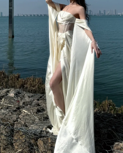 Romantic Off-Shoulder Prom Dress White Lace Satin Mermaid Formal Dress GG7087