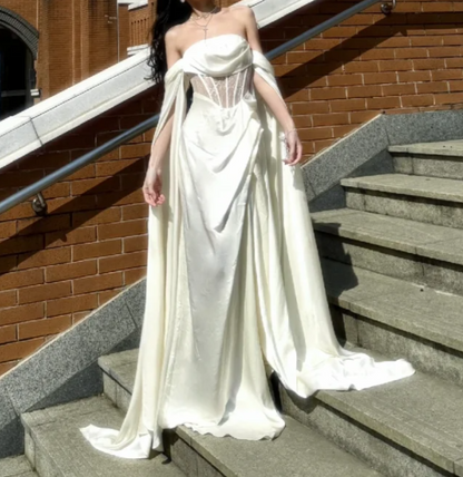 Romantic Off-Shoulder Prom Dress White Lace Satin Mermaid Formal Dress GG7087