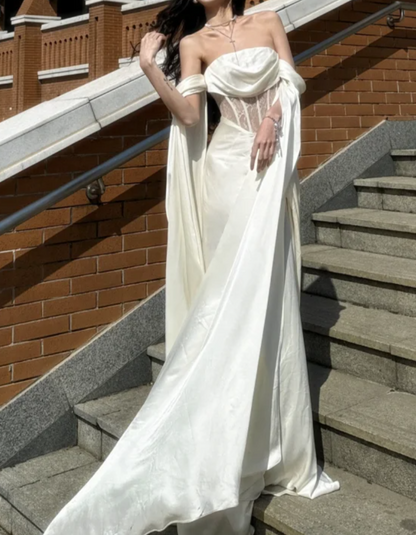 Romantic Off-Shoulder Prom Dress White Lace Satin Mermaid Formal Dress GG7087