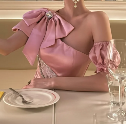 Cute Asymmetrical Neck Pink Homecoming Dress Short Sleeve Bow Sheath Birthday Dress GG7089