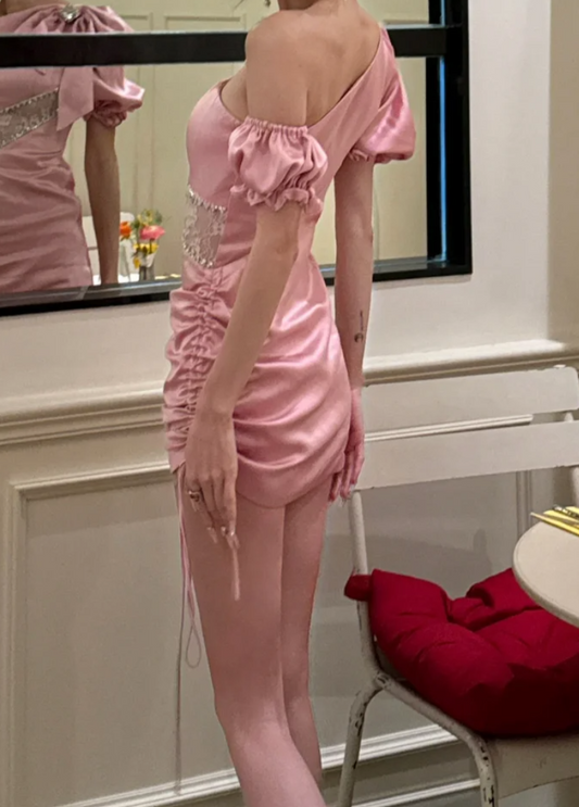 Cute Asymmetrical Neck Pink Homecoming Dress Short Sleeve Bow Sheath Birthday Dress GG7089