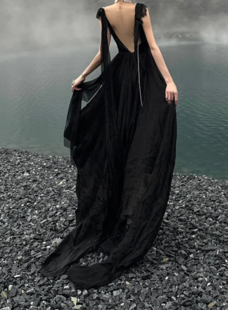 Charming V Neck Black Prom Dress Ruffles Slit A-Line Formal Dress GG7090