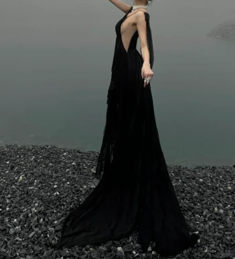 Charming V Neck Black Prom Dress Ruffles Slit A-Line Formal Dress GG7090