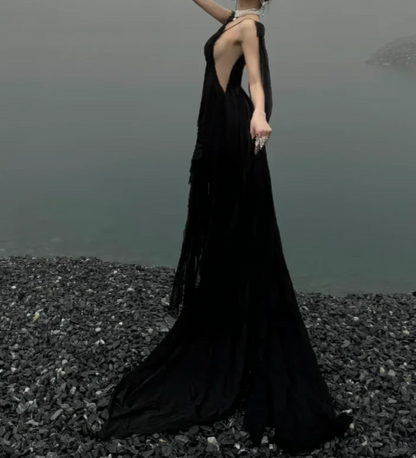 Charming V Neck Black Prom Dress Ruffles Slit A-Line Formal Dress GG7090