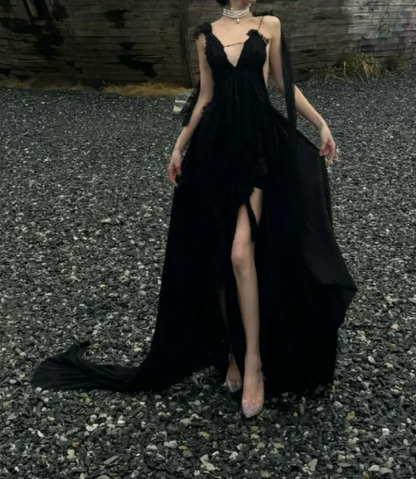 Charming V Neck Black Prom Dress Ruffles Slit A-Line Formal Dress GG7090