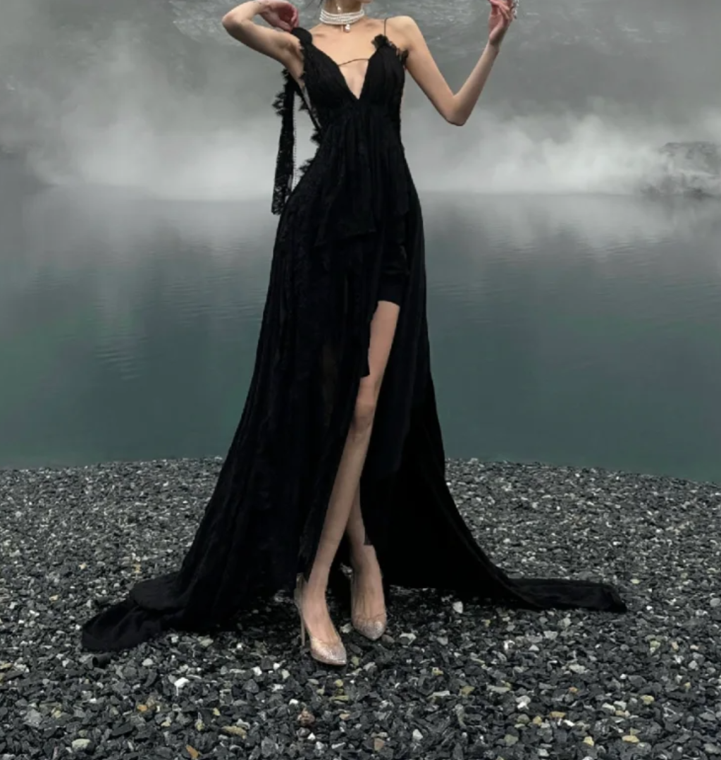 Charming V Neck Black Prom Dress Ruffles Slit A-Line Formal Dress GG7090