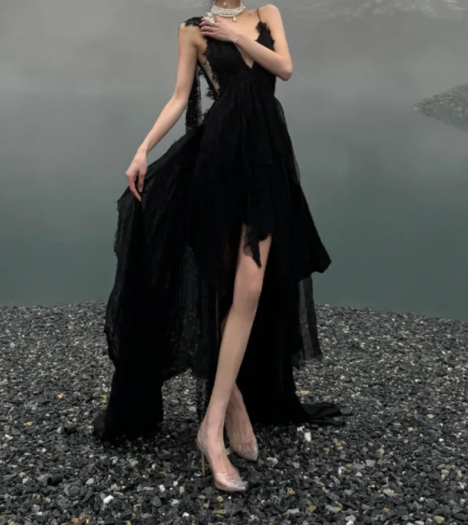 Charming V Neck Black Prom Dress Ruffles Slit A-Line Formal Dress GG7090