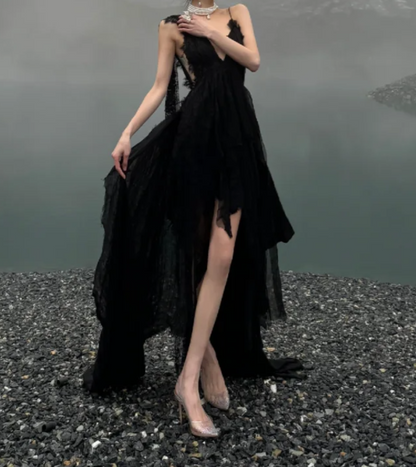 Charming V Neck Black Prom Dress Ruffles Slit A-Line Formal Dress GG7090