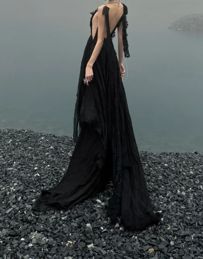 Charming V Neck Black Prom Dress Ruffles Slit A-Line Formal Dress GG7090