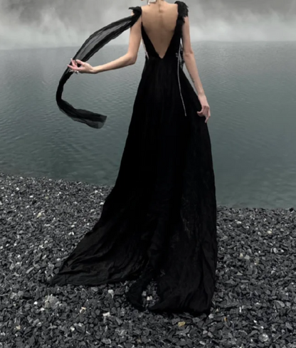 Charming V Neck Black Prom Dress Ruffles Slit A-Line Formal Dress GG7090