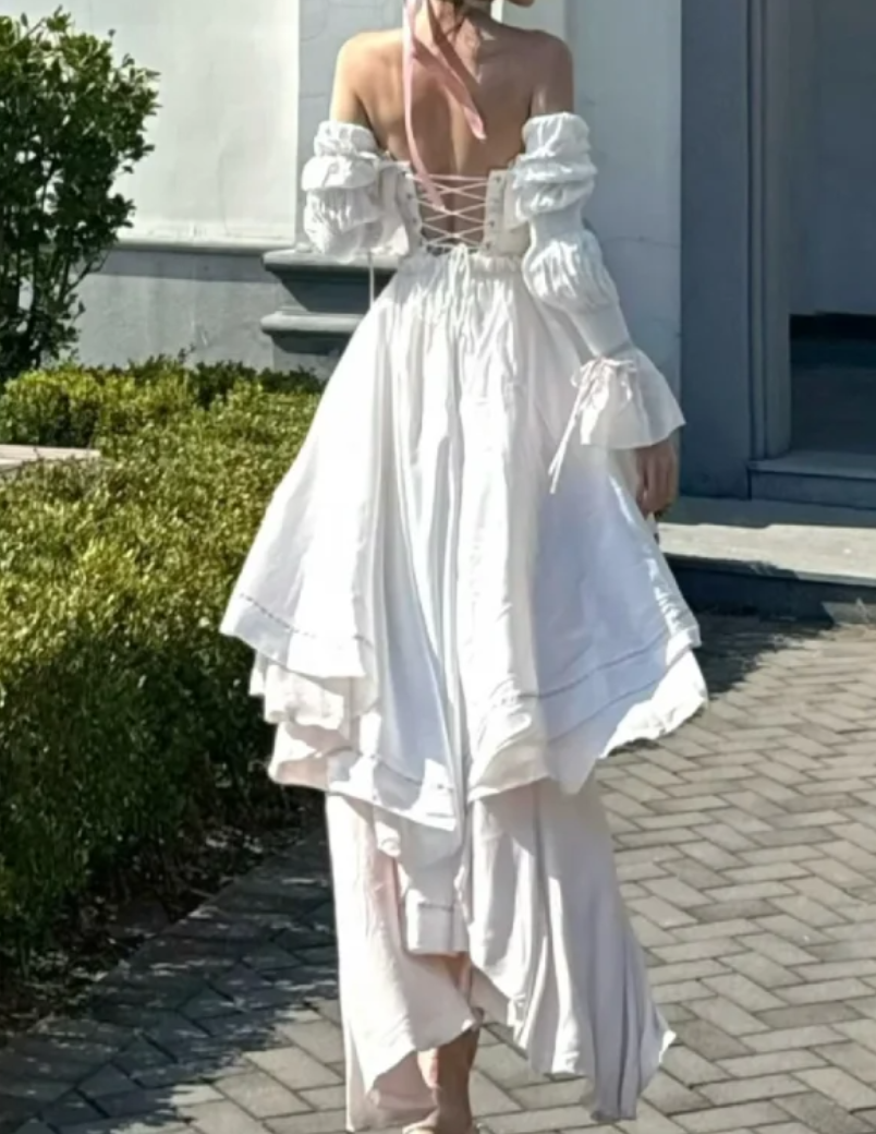 Sweet Off-Shoulder White Homecoming Dress With Train Floral A-Line Birthday Dress GG7091