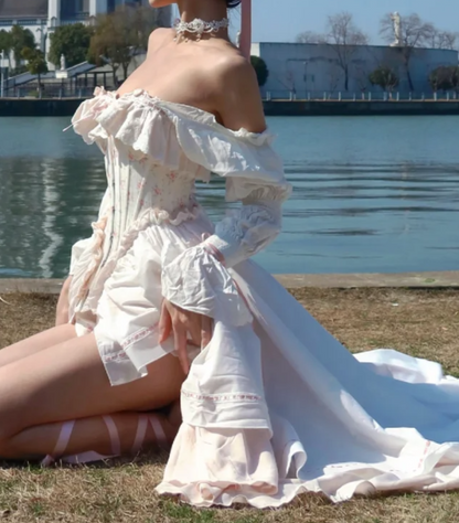 Sweet Off-Shoulder White Homecoming Dress With Train Floral A-Line Birthday Dress GG7091