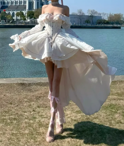 Sweet Off-Shoulder White Homecoming Dress With Train Floral A-Line Birthday Dress GG7091