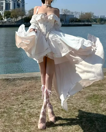 Sweet Off-Shoulder White Homecoming Dress With Train Floral A-Line Birthday Dress GG7091