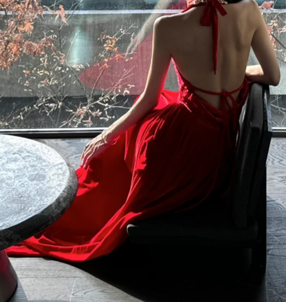 Alluring Halter Neck Red Prom Dress Backless Lace A-Line Formal Dress GG7092