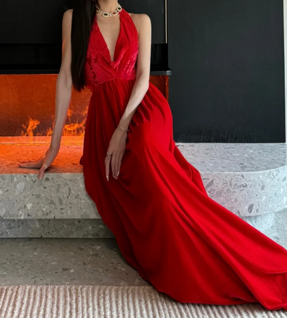 Alluring Halter Neck Red Prom Dress Backless Lace A-Line Formal Dress GG7092