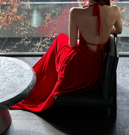 Alluring Halter Neck Red Prom Dress Backless Lace A-Line Formal Dress GG7092