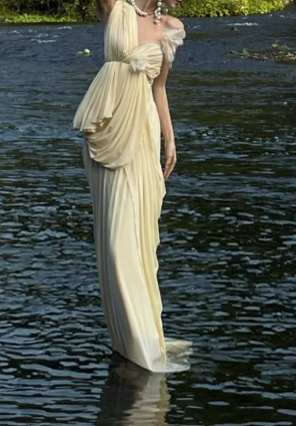 Romantic V Neck Ivory Prom Dress Ruched Sheath Formal Dress GG7093