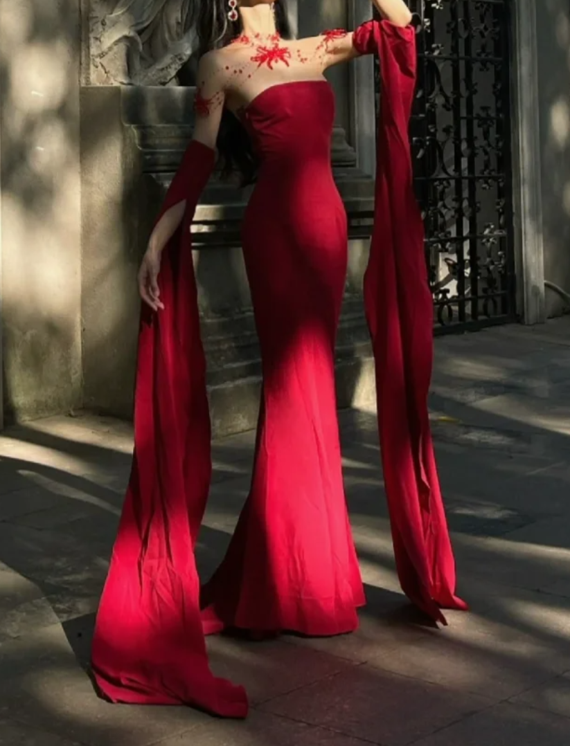 Sexy Strapless Prom Dress With Sleeves Red Mermaid Formal Dress GG7094