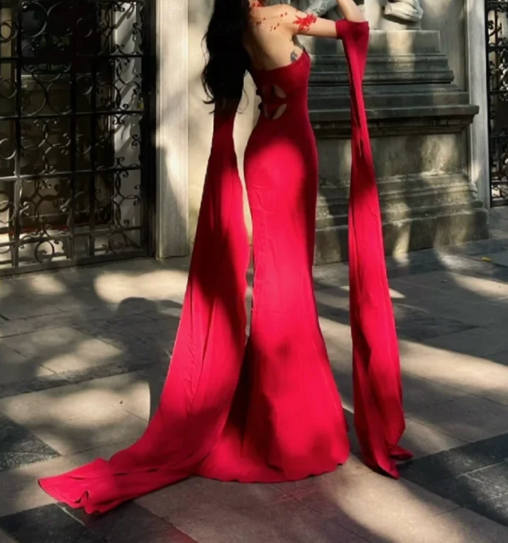 Sexy Strapless Prom Dress With Sleeves Red Mermaid Formal Dress GG7094